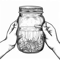 close up of a coffee in a mason jar holding by two hands