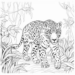 jaguar walking stealthily through the trees of a jungle the main attraction is the jaguar it must be big and majestic