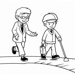 a 3 year old boy helping an old man to cross the road