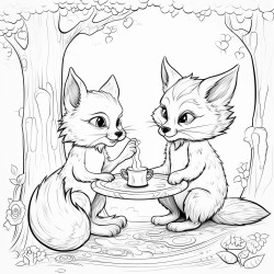 a cartoon cat in a fairytale forest chatting over a cup of tea with a fox