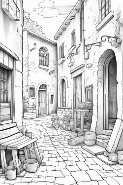 arkheim old buildings and a worn statues  cobblestone alleys mossy walls wooden shutters faded signs