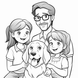 five year old girl with pigtail braids and glasses with her mom and dad and a beagle