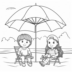 kids at the beach with their supplies by their chair under a umbrella