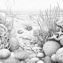 ocean scene with a lot of animals seaweed and clams