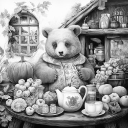 a black bear bakes cinnamon bread in an english cottage in the autumn