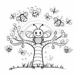 cartoon spider tree rainbow and bee