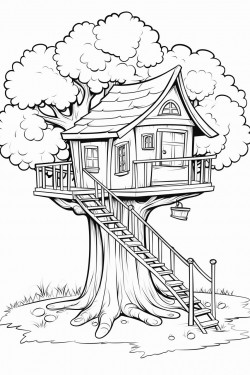 treehouse coloring page nature ilustration