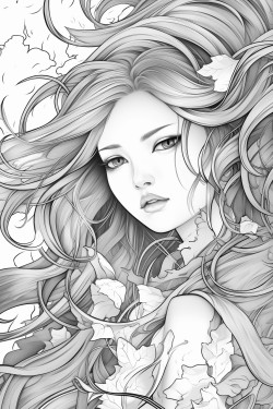 greyscale adult coloring page with manga woman with long hair