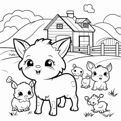 cute kawaii granjero en el campo con sus animales adorables