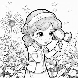 little girl looking through a magnifying glass at flowers all around her
