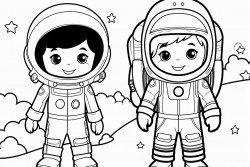 a boy and a girl put on their astronaut costumes and stand next to a rocket