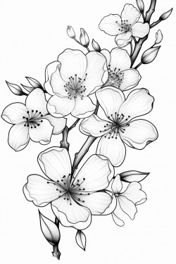 back and white no gradient no colour thick lines cherry blossoms
