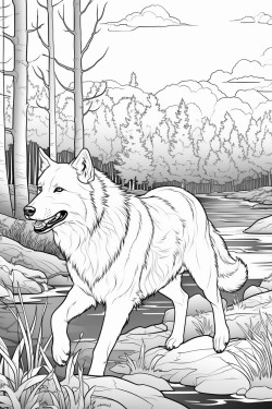 a dog running through the garden by a river filled with tall trees and meadow like grass