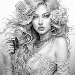 a beautiful chick with long hair holding a gun