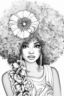 coloring page of black woman with white afro hair