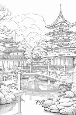 beautiful asian culture scenes for relaxation and zen with only outlines