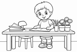 a little boy coloring on a table with many colors