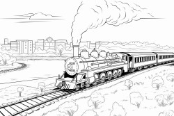 a railroad train with a steam locomotive a coal tender and passenger cars near a river