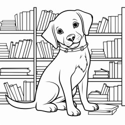 labrador retriever dog in a library