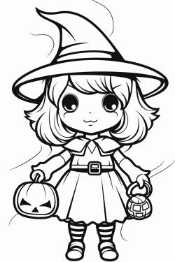 outline art for cute halloween coloring page with witch white background sketch style