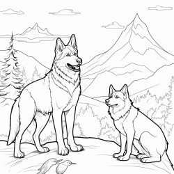 dog and a wolf staring at each other in the wilderness of alaska in the style of comic book