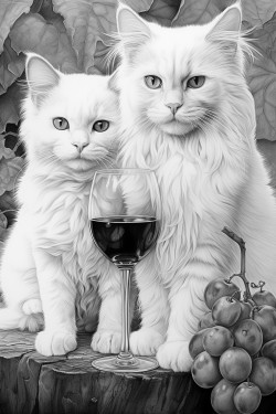 white cat with blue eyes and grey cat with yellow eyes they drink together wine white is older than grey