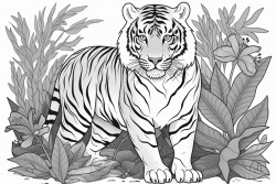 big tiger with tropical leaves or flowers
