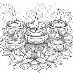 create a vibrant arrangement of clay lamps diyas with bright flames decorated with colorful rangoli in the background
