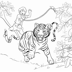 a man swinging on a strawberry vine while being chased by a tiger