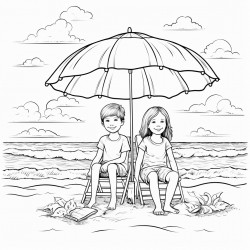 kids at the beach with their supplies by their chair under a umbrella