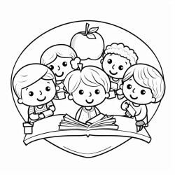a group of six different fruits each reading a book and sitting in a circle setting is simple classroom style is cartoon