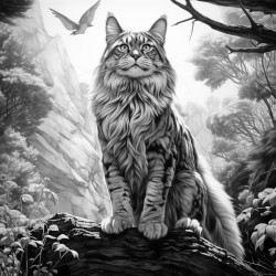 realistic large cat wellproportioned cat has wings the cat has no fur markings or stripes standing in a forest one paw raised slightly realistic detailed