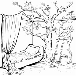 inside of bedroom tree outside window bird nest in tree