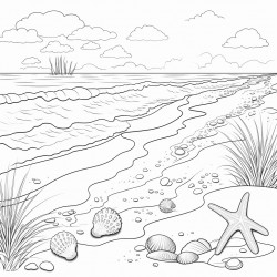 ocean calm  a beach scene with gentle waves and seashells on the shore