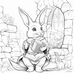 elf with book looks quizzical stone wall rabbit