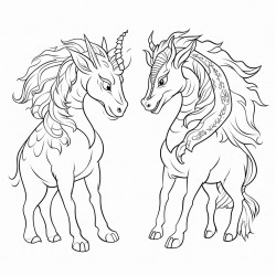 draw one unicorn and one dragon looking at each other