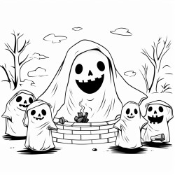 image with black lines on a white background illustrating ghosts telling scary stories around a campfire in a graveyard for coloring in large basic shapes coloring book style no solid fill large white space for easy coloring ideal for kids enhanced line clarity