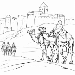 a camel caravan crossing the desert near the city walls