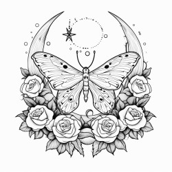 roses correlated with death moth in front of the moon