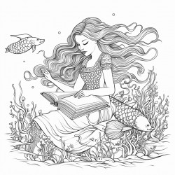 mermaid reading a book underwater on a reef