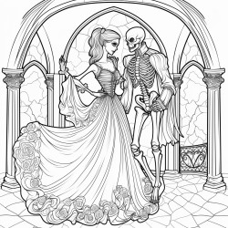 a dancing skeleton couple in gothic attire with flowing cloaks and a gothic ballroom in the background