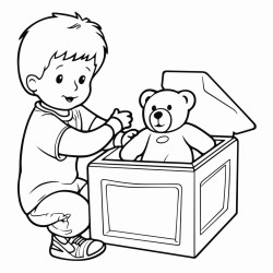 a toy box with a teddy bear peeking out and the kid is putting the toy back in that box
