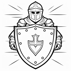 a standing knight holding a shield a cross is featured in the center of the shield