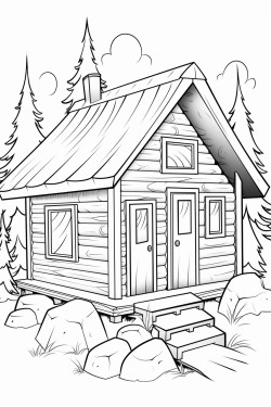 a cute rustic cabin retreat  coloring bookvector white background black and white black drawing