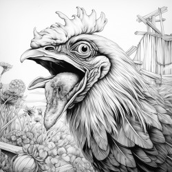 a hungry chicken trying to eat a bee for dinner