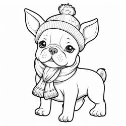 grey angrey and white french bulldog puppy with a grey and pink woolen hat and a pink woolen collar