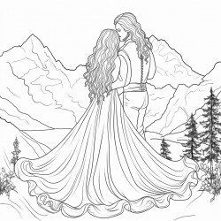 long hair bride and groom in the mountains