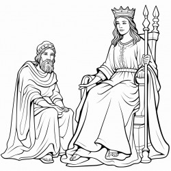 queen kneeling before the king who is sitting on the throne stretching out his sceptre toward esther