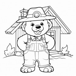 bold and easy a cartooning farmer bear wearing a hat and shoes trees house