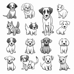 draw 30 images of dogs each featuring a different breed or pose
